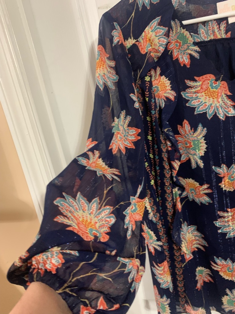 Belle by Kim Gravel Navy Floral Ruffle-Trim Blouse - Picture 3 of 5